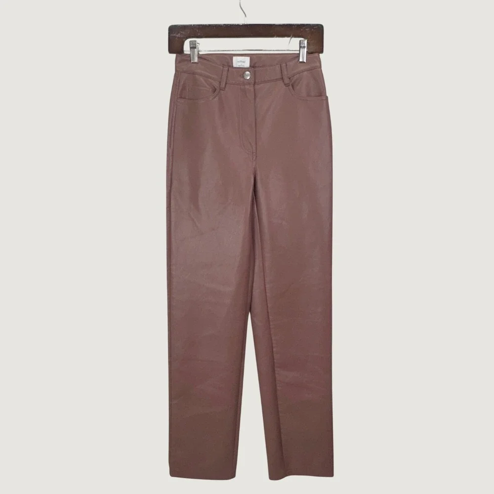 Wilfred Aritzia Faux Leather Pants 2 Brown High Waisted Straight Leg Chic Vegan‎